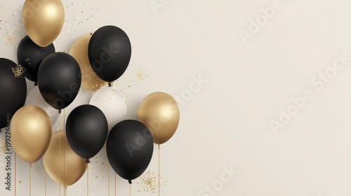 Modern monochrome background, black and gold balloons, minimal layout Copy space