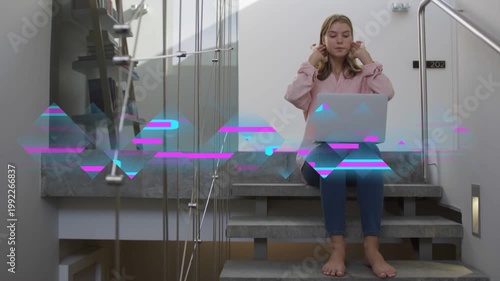 Woman rubbing temples, placing headset and moving laptop on stairs, neon glitch aiding remote work