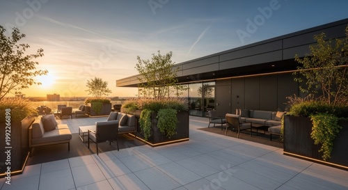 Modern rooftop terrace with seating area during sunset light