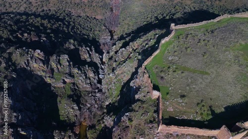 Aerial view from a drone of the landscape at Montalban Castle in San Martin de Montalban, Toledo Province, Castile-La Mancha, Spain, Europe