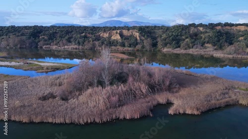 Aerial view from a drone of the Alberche River near the Cazalegas Reservoir, close to the town of Cazalegas. Province of Toledo. Castile-La Mancha. Spain. Europe