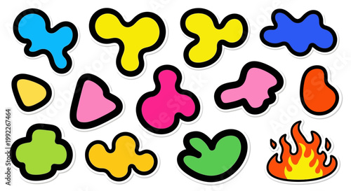 Colorful abstract shapes and fire icon.