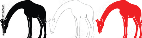 Grazing Giraffe Trio Vector Graphics Set Solid Black Outline and Red Silhouettes Icons