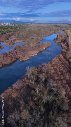Aerial view from a drone of the Alberche River near the Cazalegas Reservoir, close to the town of Cazalegas. Province of Toledo. Castile-La Mancha. Spain. Europe