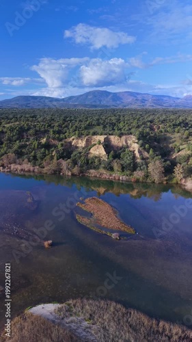 Aerial view from a drone of the Alberche River near the Cazalegas Reservoir, close to the town of Cazalegas. Province of Toledo. Castile-La Mancha. Spain. Europe