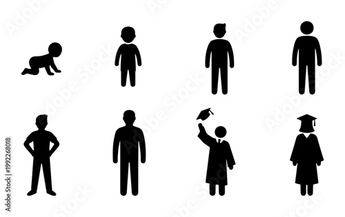 Human life cycle silhouette icons, set of 8 vector people growth stages, male aging process from baby to graduate, black minimalist figures