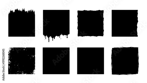 Grunge black square frames set, 8 distressed ink border elements, rough textured paint stroke boxes, vintage aesthetic vector collection for graphic design