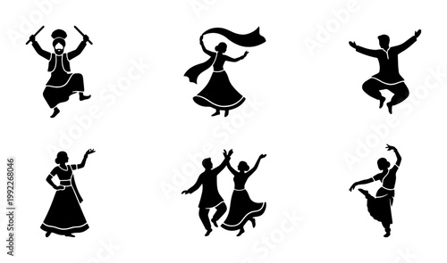 Indian folk dance silhouettes, traditional bhangra and garba dancers set, 6 black vector icons of cultural performers in ethnic attire for festival design