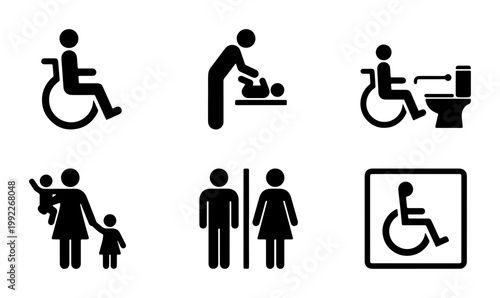 Universal restroom icons set, black accessibility symbols for public toilets, disabled wheelchair and baby changing station signs, 6 vector elements