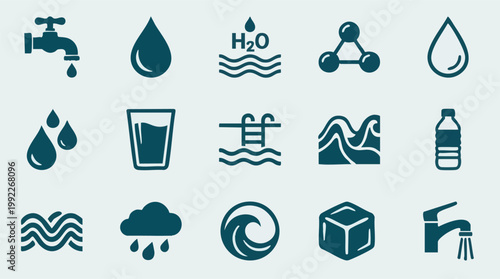 Vector set of water icons for science, environment, and daily use