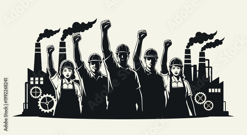 group of workers with raised fists standing in front of industrial factory buildings with smoking chimneys and gears