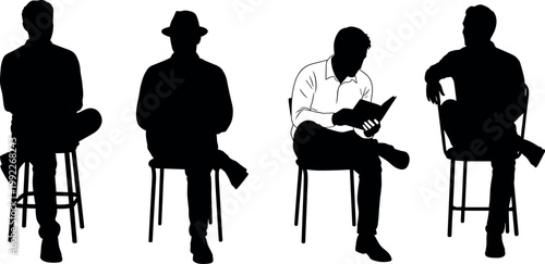Black and white vector illustration showing silhouettes of four adult men sitting casually on chairs relaxing and reading a book