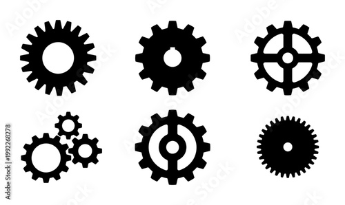 Industrial gear icons set, black mechanical cogwheel silhouettes, 6 vector engine parts for engineering and technology concepts