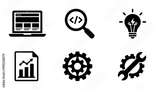 Minimalist web development icon set, black software engineering vector symbols, 6 technical programming and data analysis flat icons for UI design