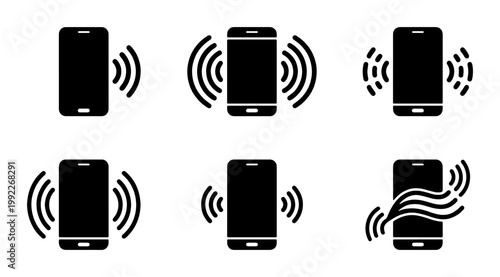 Smartphone vibration icon set, ringing mobile phone with signal waves, 6 black vector silhouettes of vibrating cellphones for notifications