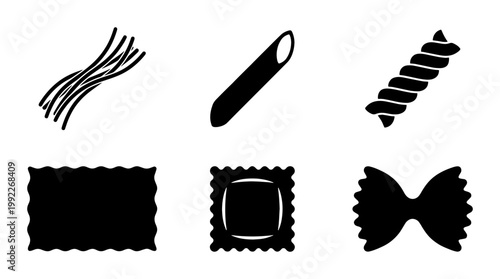Italian pasta icons set, black silhouette vector collection of 6 dry pasta shapes, fusilli penne and farfalle food graphics for restaurant menus