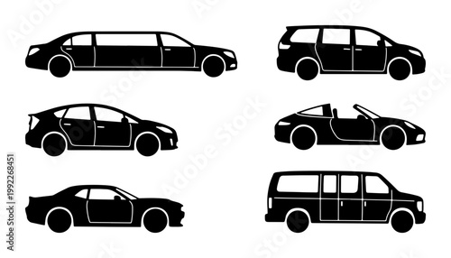 Black car silhouette icons set, 6 vehicle body style vector illustrations, limousine sedan and suv side view graphics, automotive transport collection