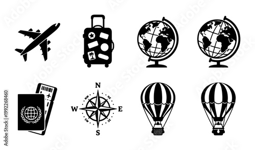 Travel icons set in black silhouette style, 8 vector elements for tourism and vacation, airplane and luggage symbols, globe and passport graphics