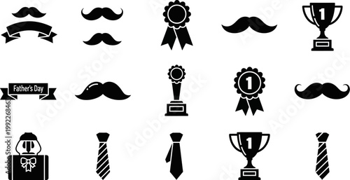 Fathers Day icons set with mustaches ties trophies and ribbons for celebration and gifts