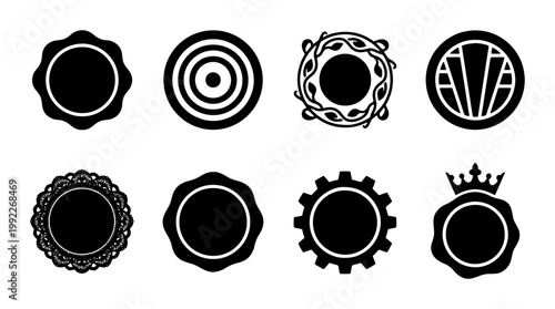 Vintage circular badge set, 8 black vector seal icons, elegant round frame collection for logo design, decorative wax seal and stamp silhouettes