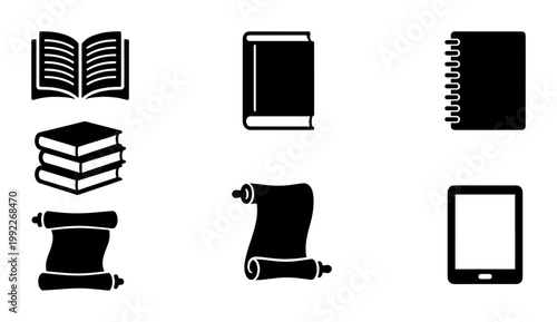 Minimalist book icon set, black solid library symbols, collection of 7 education and reading vector icons for web design and mobile apps