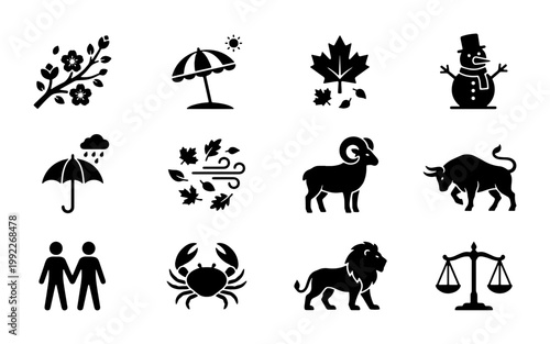 Minimalist black icons of four seasons and zodiac signs, set of 12 vector symbols for weather and astrology, flat silhouette seasonal and horoscope graphics