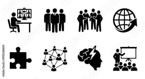 Business management icons set, corporate teamwork and leadership symbols, professional office collaboration and global networking vector graphics