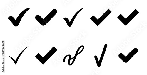 Black check mark icon set, 10 vector tick symbols for approval and success, minimalist validation signs, diverse checkmark shapes for UI design