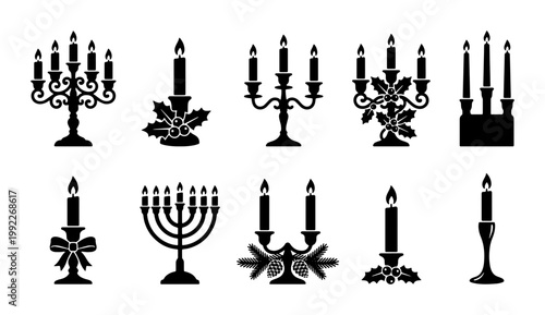 Vintage Christmas candelabra silhouettes, 10 holiday candle holder vector icons, elegant black menorah and festive candlestick set for winter celebrations