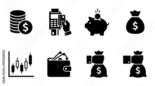 Finance and banking icon set, black solid money symbols for business and investment, 8 vector elements for financial management and payment processing