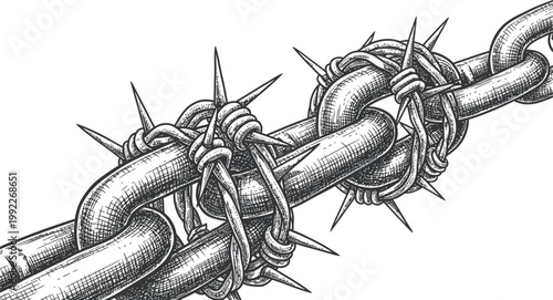 Barbed Wire Wrapped Around a Heavy Metal Chain, Symbolizing Restriction and Difficulty