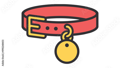 Red dog collar vector icon with a gold buckle and round identification tag. Flat illustration of a pet accessory for dogs and cats, isolated on a white background for graphic design and web use.