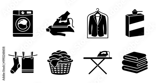 Laundry service icon set, black silhouette washing and ironing symbols, 8 vector elements for dry cleaning and garment care branding