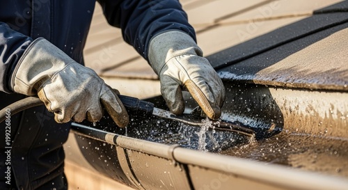 Person cleaning gutter with hose outdoors on sunny day