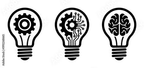 Photos Innovation light bulb icons with gear, circuit board, and human brain