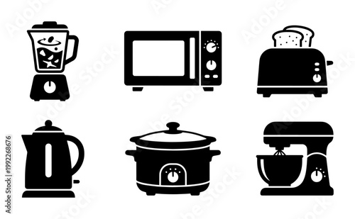 Kitchen appliance icon set, black silhouette household electronics collection, 6 vector symbols of microwave, toaster, blender and mixer for home cooking