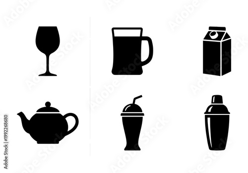 Minimalist beverage icons set, black drink silhouettes including wine glass and beer mug, 6 vector drink elements for restaurant menus and bar signage