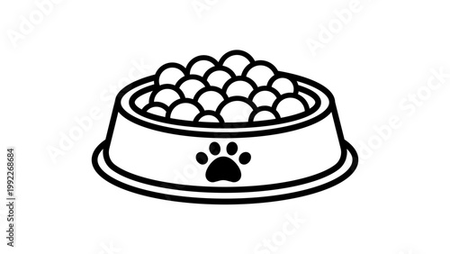 Minimalist Dog Food Bowl Vector Icon with Paw Print and Kibble, Featuring Editable Stroke and Outline Style for Pet Care, Animal Nutrition, and Veterinary Branding on White Background.
