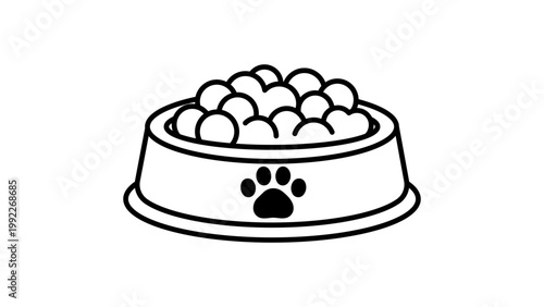 Minimalist Dog Food Bowl Vector Icon with Editable Stroke. Clean black line illustration of a pet feeding dish filled with kibble and a paw print logo, ideal for animal care and pet shop branding.