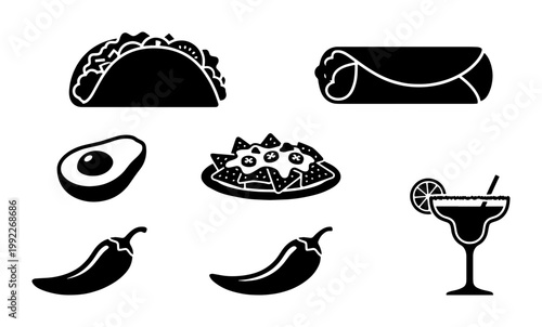 Mexican food icon set with taco and burrito, black silhouette nachos and avocado vector, spicy chili pepper and margarita cocktail graphics