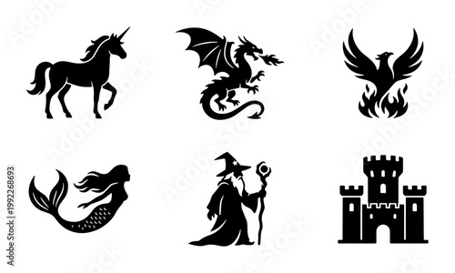Fantasy mythical creatures silhouette icons, set of 6 black vector symbols including dragon and unicorn, medieval magic and fairytale elements