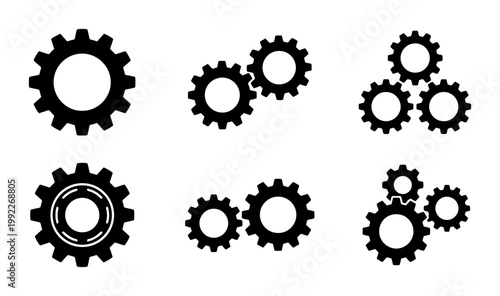 Industrial gear icon set, black mechanical cogwheel vector elements, technical machinery gear wheels for engineering and manufacturing concepts