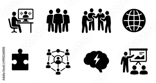 Business teamwork and collaboration icons set, 8 black vector pictograms for corporate strategy, professional leadership and global networking concepts