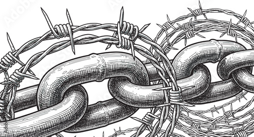 Barbed wire and chains representing confinement and struggle. 