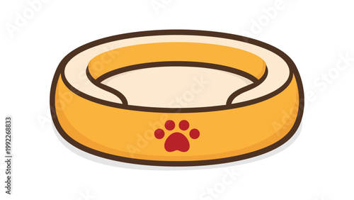 Modern flat vector illustration of a comfortable round pet bed cushion featuring a red paw print emblem. This minimalist icon is perfect for pet care apps, animal shop websites, and vet services.