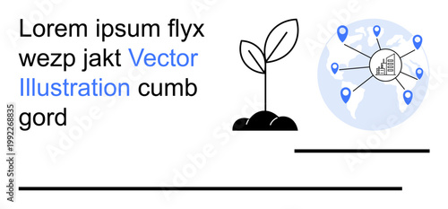 Sustainability, global networking, growth, eco-friendly practices, environmental conservation, decentralized systems. A plant sprouting from soil next to a world map marked with location pins