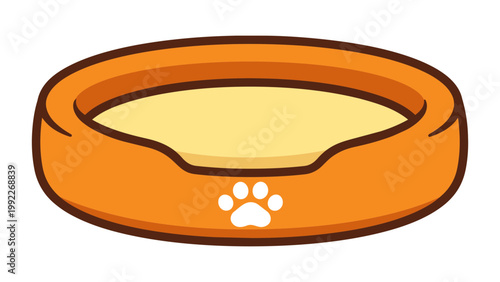 Modern flat vector illustration of a soft round pet bed cushion for dogs and cats, featuring an orange exterior with a white paw print icon, isolated on white background for pet care design.