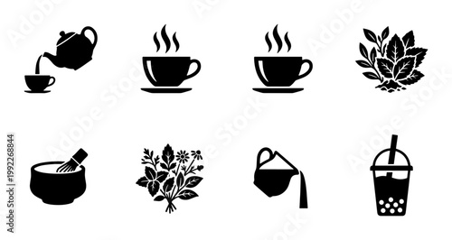 Black tea icon set with 8 vector elements, minimalist tea cup and teapot symbols, herbal leaf and matcha bowl illustrations for cafe branding