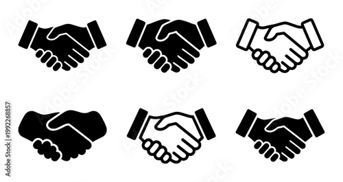 Business handshake icons set, professional partnership and agreement symbols, 6 vector hand shaking illustrations for corporate success and deal closing