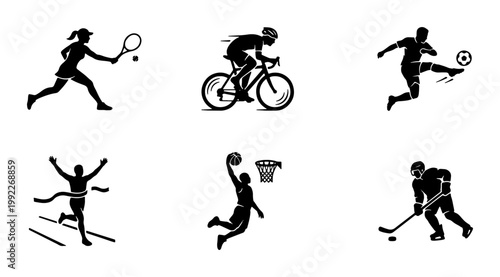 Photography Athletic sports silhouettes collection, black and white vector icons of athletes